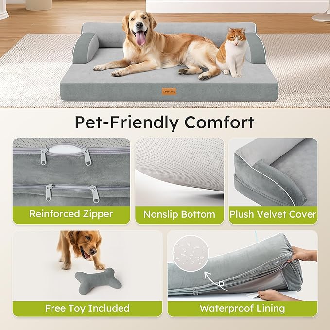 CWAWZ XXL Orthopedic Dog Bed, Big Dog Bed for Large Dogs, Dual-Sided Pet Cooling Beds with Memory Foam Washable Cover Nonslip Bottom, Waterproof Pet Couch with Bolsters, Light Grey