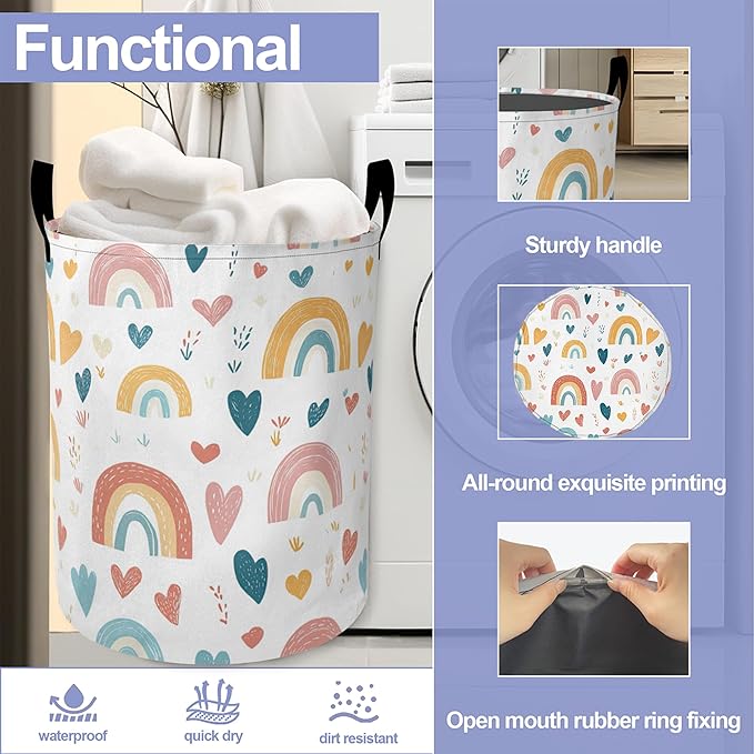 Laundry Basket,Cartoon Rainbow Large Canvas Fabric Lightweight Storage Hamper Organizer Dirty Clothes Collapsible Waterproof for College Dorms,Bathroom