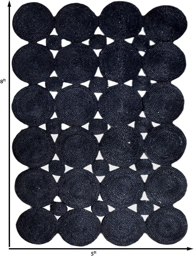 Scalloped Edge Rug, Hand Woven Natural Jute Area Rug, 9x9 Ft Square Black Braided Kilim Rugs for Living Room, Kitchen, Entryway, Farmhouse