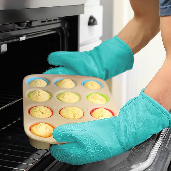 BPA-Free Soft Silicone Oven Mitts - Ultra Heat Resistant Oven Mitts with Thick Cotton Liner - Long Slip Resistant Pot Holders, Flexible Oven Gloves - Turquoise 13.7"