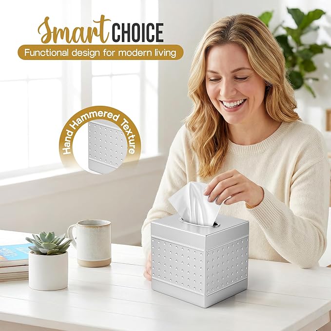 Handmade Metal Tissue Box Cover Square – 5x5x5.25 Inch - Elegant Pewter Tissue Holder – Modern Tissue Cover Box Adds Sleek Style to Bathroom, Bedroom & Office Décor