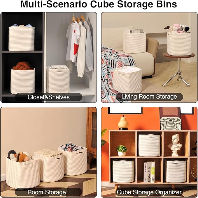 ICERZCZ 13 Inch Cube Closet Storage Bins, Woven Cotton Rope Organizer Baskets for Organizing & Shelves, Books, Towels, Clothes, Toys, 13x13x13 in, Off White (Pack of 3)