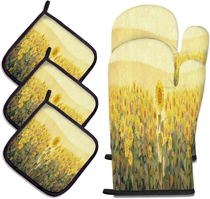 Sunflowers Oven Mitts and Pot Holders Set, Abstract Country Style Heat Resistant Oven Gloves - Comfortable and Easy to Clean - Perfect Kitchen Accessories for Durability and Style