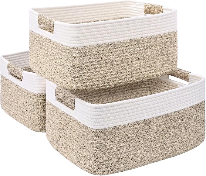3 Pack Large Storage Basket for Organizing, 17.5"x13.5"x7.5" Woven Basket for Shelves, Closet Cube Storage Bins with Wrapped Handle, Cotton Rope Baskets for Kitchen, Clothes, Toys(Off White & Brown)
