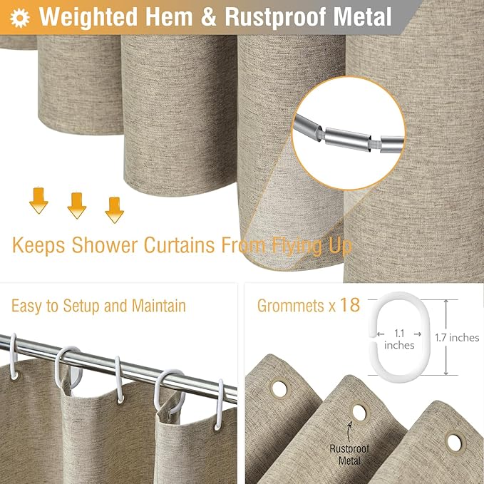 BTTN Extra Wide Shower Curtain - 108 x 72 Inch Linen Textured Waterproof Fabric Shower Curtain Set with 18 Plastic Hooks, Large Modern Farmhouse Cloth Bathtub Shower Curtains for Bathroom - Khaki/Tan