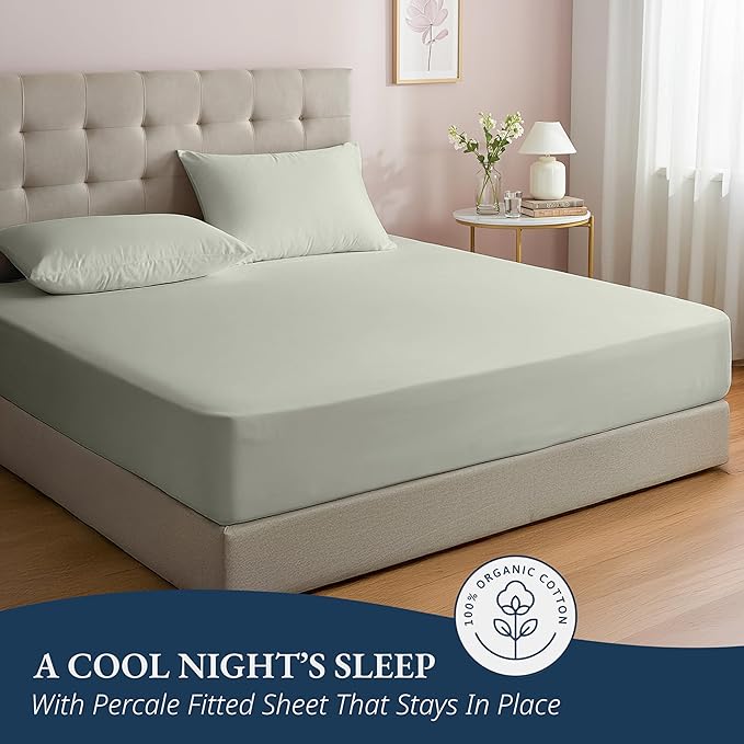 LANE LINEN Full Fitted Sheet, 100% Organic Cotton, 3-Piece Set (1 Fitted Sheet,2 Pillowcases), Percale Weave, Full Bed Bottom Sheet, Ultra Soft, Fits Mattress Upto 15" Deep - Mineral(No Flat Sheet)