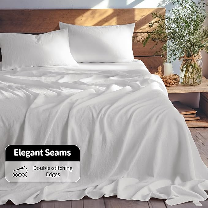 LBRO2M 100% Linen Sheet Set King Size, Bed Sheets 4 Piece Sets, Solid Color Natural Flax Bed Sheets Soft Breathable Bedding, 16" Deep Pocket, All Season (King, White)