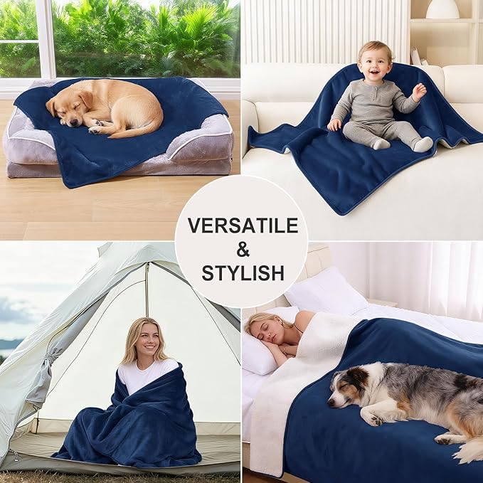 Smiry Waterproof Dog Bed Blanket, Leakproof Pet Throw Blanket for Bed Couch Sofa, Reversible Sherpa Fleece Furniture Protector Cover for Small Medium Large Dogs Cats (Navy Blue, 32x40 inches)