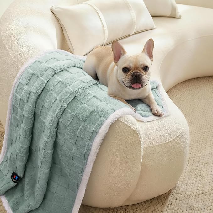 Luciphia Waterproof Dog Blanket for Medium Dogs Washable Soft Sherpa Fleece Cat Blankets with 3D Jacquard Cozy Calming Reversible Couch Protector Furniture Protection for Pet, Green White, 57x40 inch