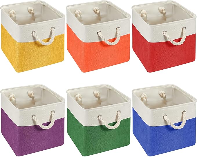 Geiserailie 6 Pcs 13 x 13 Inch Cube Storage Bins Fabric Storage Organizer Bins Foldable Cube Baskets with Sturdy Carry Handles Wicker Baskets for Home (Primary Colors)