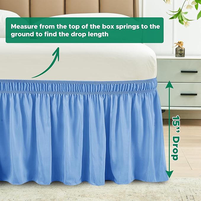 Biscaynebay Wrap Around Bed Skirts for King & Cal King Beds 15" Drop, Denim Blue Elastic Dust Ruffles with Adjustable Belts Silky Luxrious Fabric Machine Washable