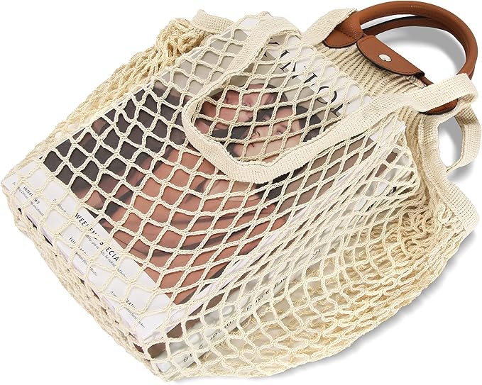 Hibala Woven Bag for Women, Fishing net bag,Straw Mesh Tote Bag, Beach,Hobo Bag, Foldable Large Capacity