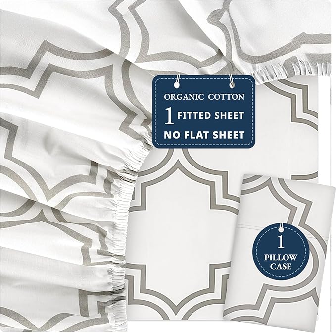 Lane Linen 100% Organic Cotton Twin Fitted Sheet, 2-Piece Set (1 Fitted Sheet, 1 Pillowcase), Percale Weave, Lightweight, Soft, Breathable, Fits Mattress Upto 15' Deep - Trellis Silver (No Flat Sheet)