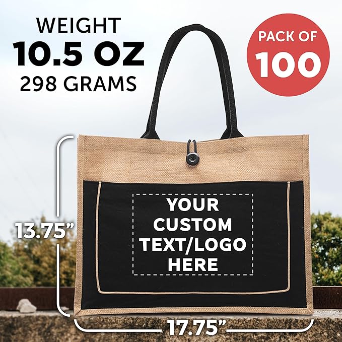 DISCOUNT PROMOS Custom Jute Tote Bags with Cotton Pocket Set of 100, Personalized Bulk Pack - Reusable, Great for Picnic, Camping, Beach, Outdoor Activities - Black