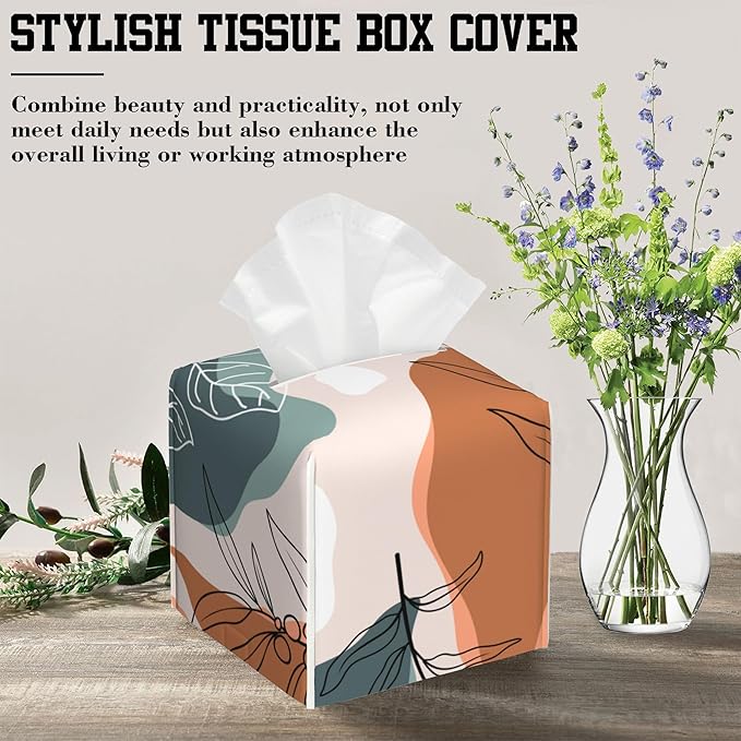 OHEGBXE Tissue Box Holder Abstract Flowers and Leaves Square Leather Tissue Box Cover Modern Cube Facial Paper Cover Case for Bathroom Vanity Countertop Night Stands Tabletop
