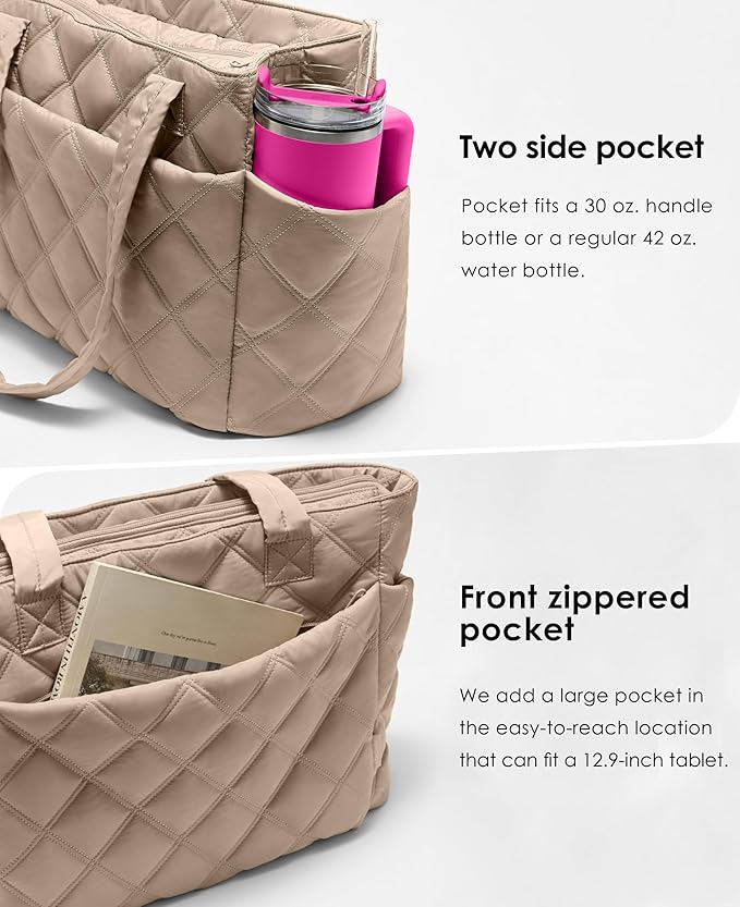 Uselike Tote Bag for Women, Lightweight Puffer Tote Work Bags with Compartments for Travel, Quilted Shoulder Bag with Zipper