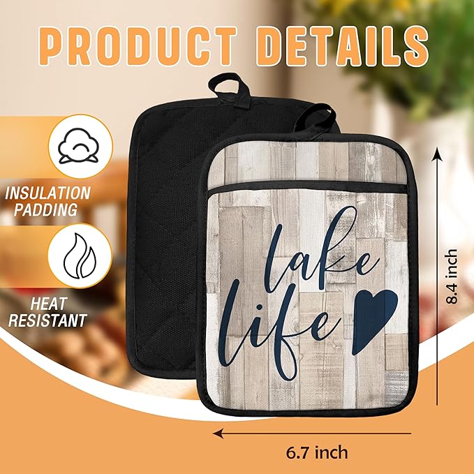 Lake Life Gifts Pot Holders with Pockets, Lake Life House Gifts for Cabin Owners Women Oven Pot Holders Heat Resistant Oven Mitts Hot Pads for Kitchen Baking Cooking (Cream)