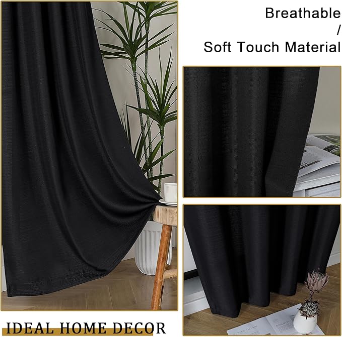Lecloud Bessie Black Curtains for Living Room 72 Inches Long 2 Panels, Rod Pockets Rustic Bedroom Curtains, Light Filtering Faux Linen Textured Home Decor Window Drapes, Each Panel 40" W x 72" L