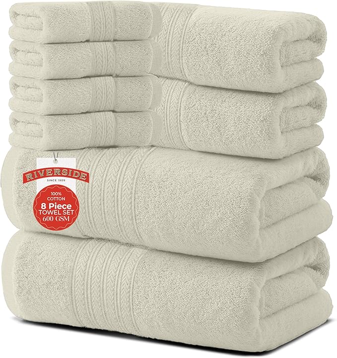 RIVERSIDE Pack of 8 Towels Set, 2 Large Bath, 2 Hand, 4 Face Washcloths, 100% Cotton Hotel Quality, Super Soft, Quick Dry, Highly Absorbent Perfect for Bathroom, Cannoli Cream