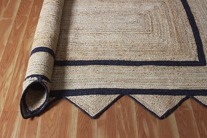 Scalloped Edge Rug, Hand Woven Natural Jute Area Rug, 4x6 Ft Beige & Black Braided Sisal Kilim Rugs for Living Room, Kitchen, Entryway, Farmhouse