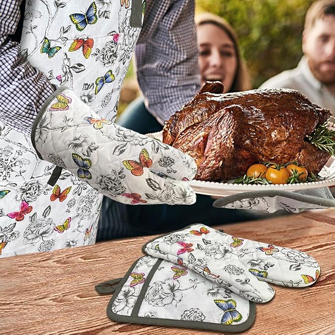 Oven Mitts and Pot Holders with Chaf Apron,Set of 5 Heat Resistant Kitchen Gloves and Silicone Non-Slip Potholders Adjustable Neck Buckle Apron, Cotton Nice Design for Cooking (Butterfly)