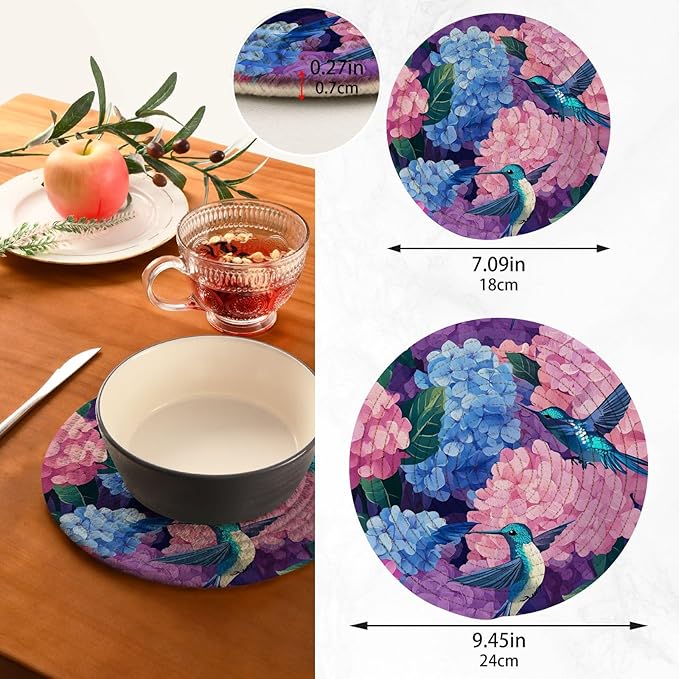 Pink Hydrangea Hummingbird Trivets for Hot Dishes Pots and Pans Potholders Woven Trivet Cotton Round Large Pot Holder Decor Heat Resistant Hot Pads Mat for Table Counter Cooking Potholder Set o