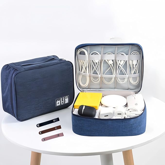 3-Wfinfing Single-layered Electronic Accessory Storage Tote | Data Cable Organizer | 3 Leather Straps + Adjustable Organizer Layers | Waterproof Travel Electronics Bag (Navy blue single)