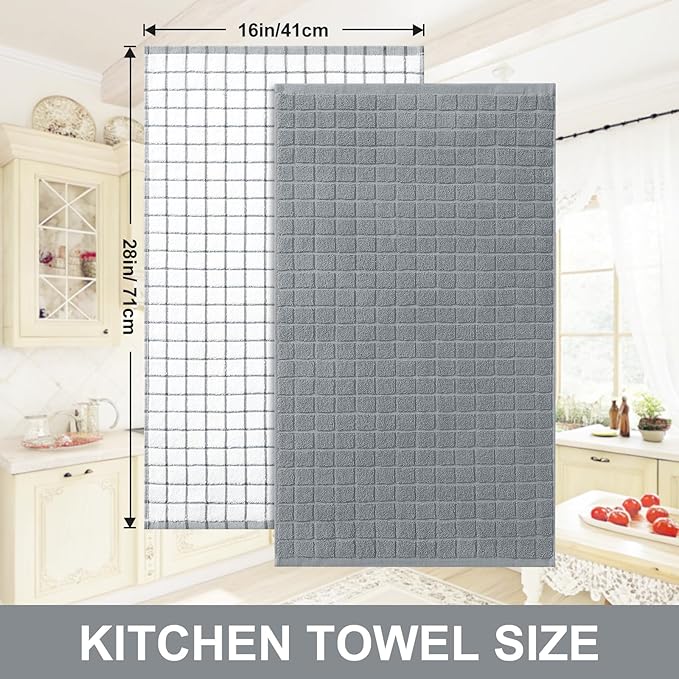 Homaxy Premium Cotton Kitchen Towels 16"x 28", Large Natural Ring Spun 390 GSM Dish Towels, Super Absorbent Terry Kitchen Hand Towels, Soft Tea Towels with Hanging Loop, Grey Check Design, 6 Pack