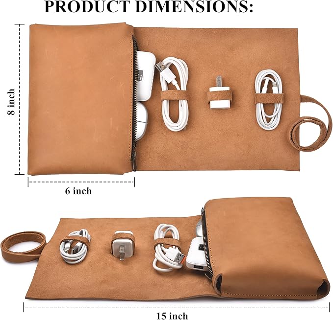 NUTUCH Leather Tech Pouch for Cables Chargers Phone | Tech Bag | Zipper Travel Accessory Pouch | Electronic Organizer Case Travel Bag (Tan)