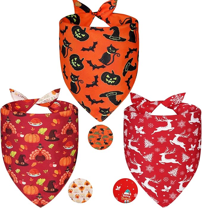Agroon Halloween Dog Bandanas Thanksgiving and Christmas Scarf Small 3PCS, 6 Pattern Breed for Boy and Girl, Triangle Reversible Bibs for Puppy Pets