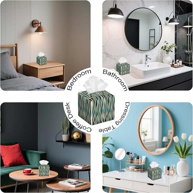 Abstract Geometric Wavy Lines Tissue Box Cover,PU Leather Tissue Box Holder Square,Modern Home Decoration for Bathroom Living Room Kitchen Office Car,5.2"×5.2"×5.2"