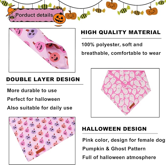 ADOGGYGO Pink Halloween Dog Bandanas 2 Pack, Reversible Ghost Pumpkin Scarf Bib, Adjustable Fit Pink Halloween Bandana for Extra Large Dogs Girl (X-Large)