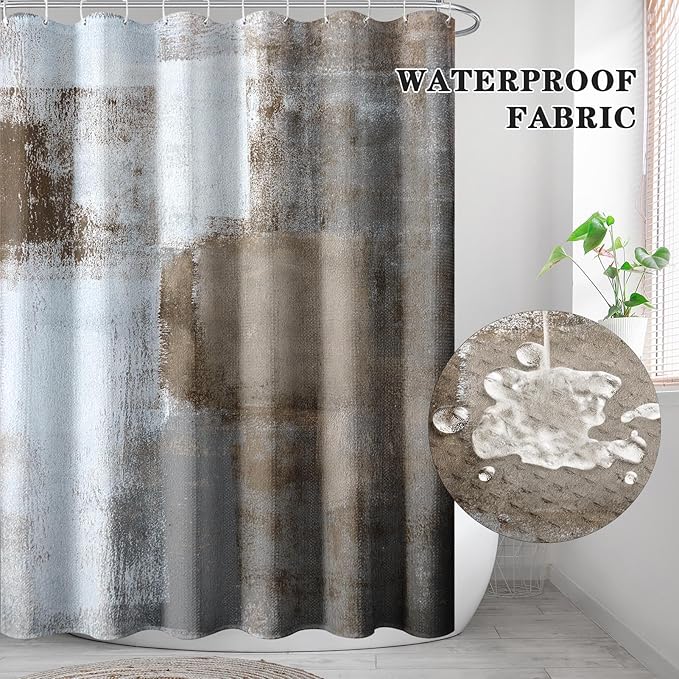 Culudea Brown Grey Painting Shower Curtain Set, Contemporary Gray Abstract Bathroom Window Waterproof Shower Curtain Set for Bathroom Decor
