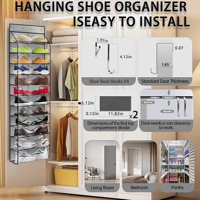 Kotkn Over The Door Shoe Organizer with 12 Large Breathable Pockets - Sturdy Hanging Storage for Shoes of All Ages - Gray