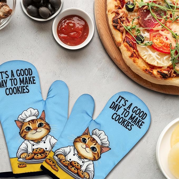 2 Pack Funny Baking Cat Oven Mitts, It's A Good Day to Make Cookies, Heat Resistant Non-Slip Mitts, Baking Gifts for Hostess, Sweet Housewarming Gifts for Women Baker Friend Cookie Lovers