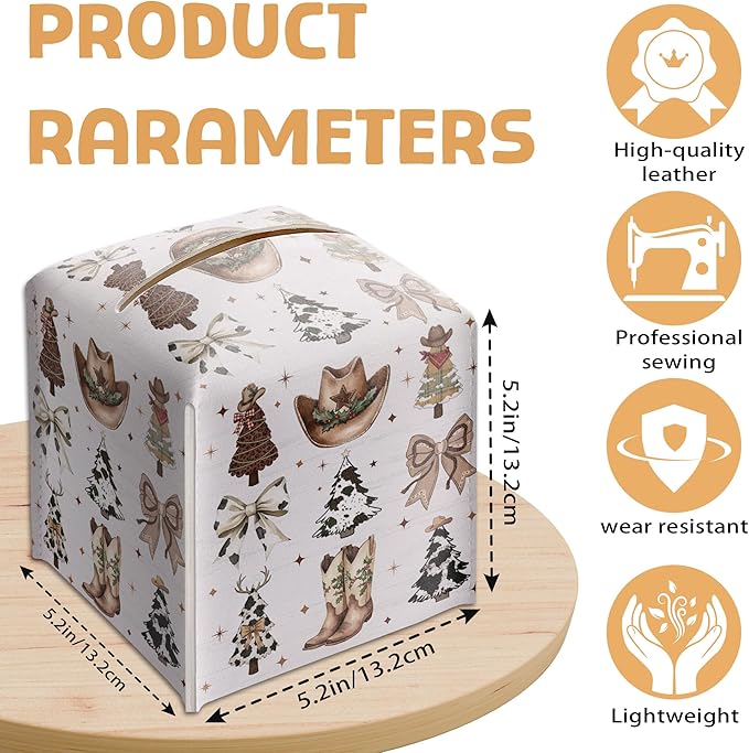 Country Christmas Tissue Box Holder, Cowgirl Boots Hat Christmas Trees Leather Tissue Box Cover Square, Paper Facial Decorative Tissues Cover for Bathroom Kitchen Office Home Decor-B33