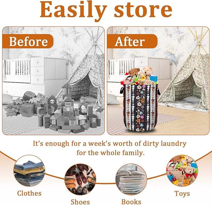 Boho Stripe Flowers Laundry Basket with Sturdy Handles, Colorful Flower Collapsible Oxford Cloth Laundry Hamper Organizer Basket for Bathroom Bedroom 15.7x20 Inch