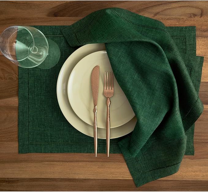 Solino Home Linen Cloth Placemats Set of 4-100% Pure Linen Hemstitch Forest Green Placemats 14 x 19 Inch - Milan Hemstitch Table Place Mats for Winter, St Patricks Day