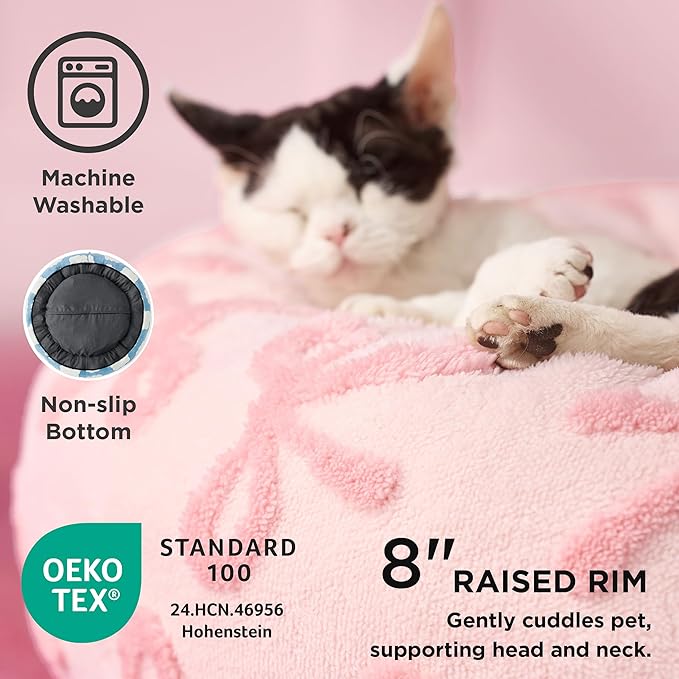 LE SURE Donut Small Dog Bed - Round Cat Beds for Indoor Cats Anti-Anxiety Calming Gift for Pets, Washable Cute Modern Beds with Jacquard Shaggy Plush & Anti Slip Bottom, 27 Inch, Pink Taffy