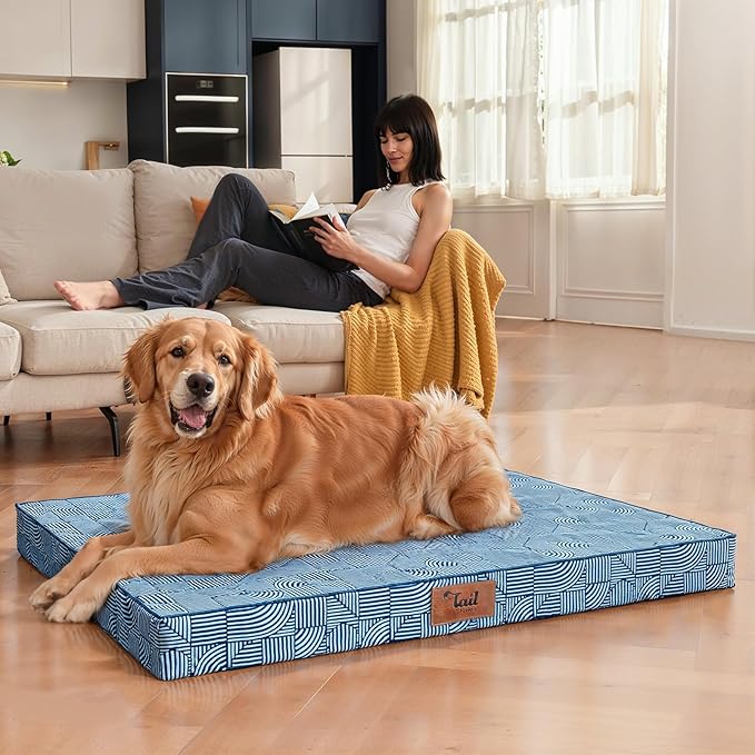Tail Stories Outdoor Dog Bed for Small Dogs & Cats, Waterproof Dog Crate Mat Orthopedic Egg Crate Foam with Washable Removable Oxford Cover, White Blue