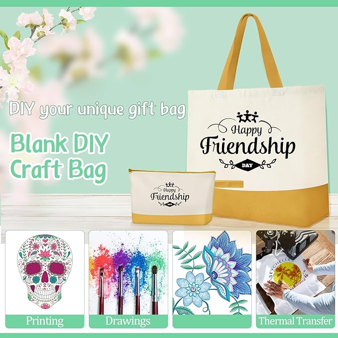 Sanwuta Canvas Tote Bags Bulk with Zipper Cosmetic Pouch 18.5" Reusable Cotton Shopping Bag with Handle for DIY Craft