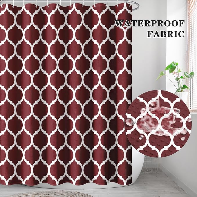 Culudea Quatrefoil Moroccan Burgundy Waffle Cloth Shower Curtain Set, Clover Grid Geometric Plaid Christmas Red Bathroom Window Waterproof Shower Curtains for Bathroom Decor