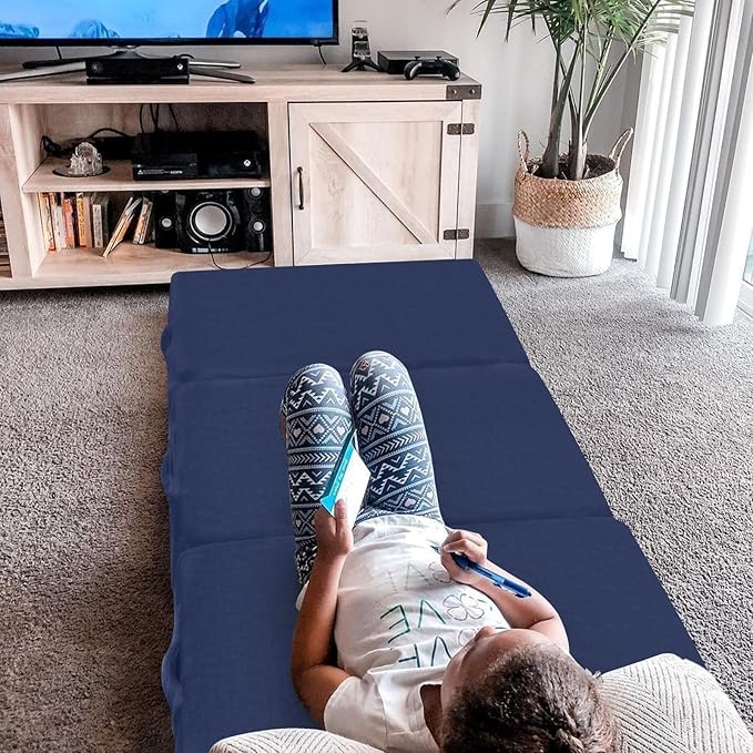 MeMoreCool Foldable Floor Mattress Kids Trifold Mat, Kids Folding Mattress Portable Futon, 75x25 Inch Navy Blue