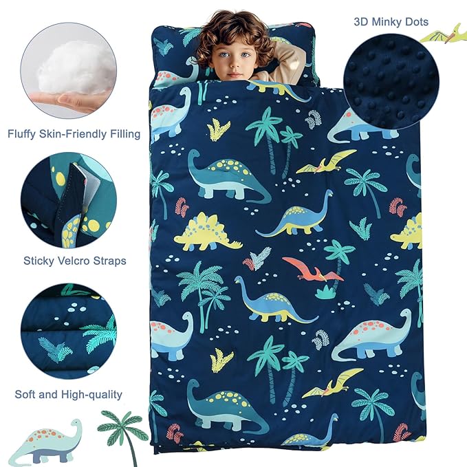 PHF Toddler Nap Mat with Removable Pillow and Minky Fleece Blanket, Rollup Design Warm Slumber Bags for Boys, 52"x20"x2" Kids Sleeping Bag for Daycare Preschool Travel Camping, Dinosaur