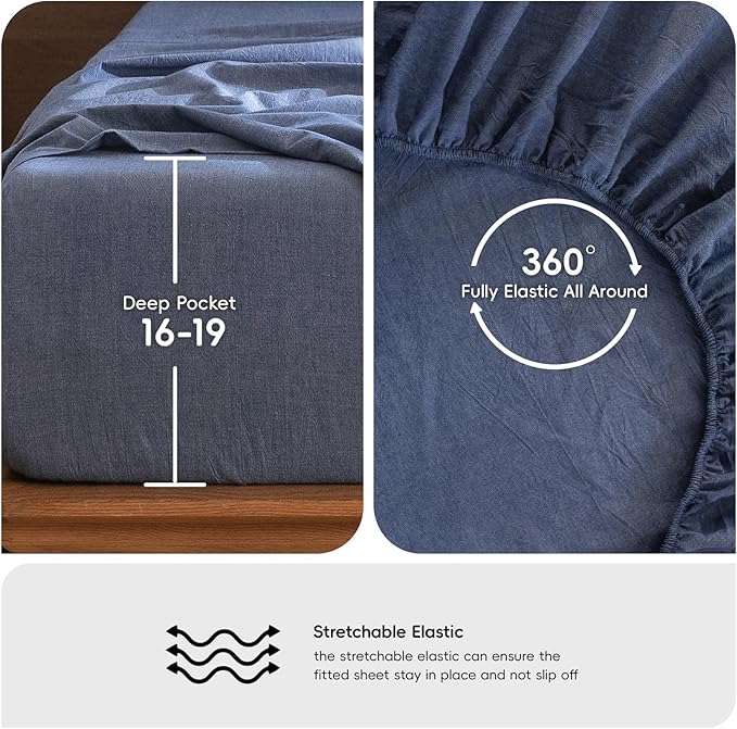 MooMee Bedding Sheet Set 100% Washed Cotton Linen Like Textured Breathable Durable Soft Comfy (Heathered Blue, Queen)