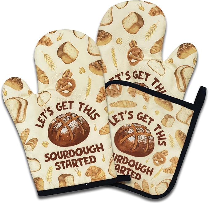 Funny Oven Mitts and Pot Holders Set of 3, Let's Get This Sourdough Started, Heat Resistant Non-Slip Kitchen Mitts Hot Pads, Sourdough Baker Gifts, Housewarming Gifts for Chef Bake Lovers