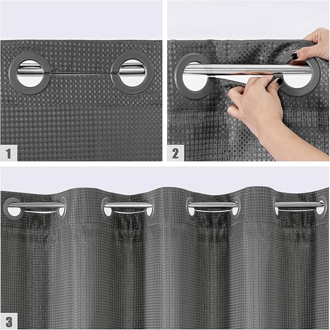 MitoVilla Grey Long Shower Curtain Liner Set 72 x 80, No Hooks Needed 80 inch Long Heavyweight Waffle Fabric Shower Curtain Set with Snap-in Liner for Hotel Grade Spa-Like Bathroom Decor