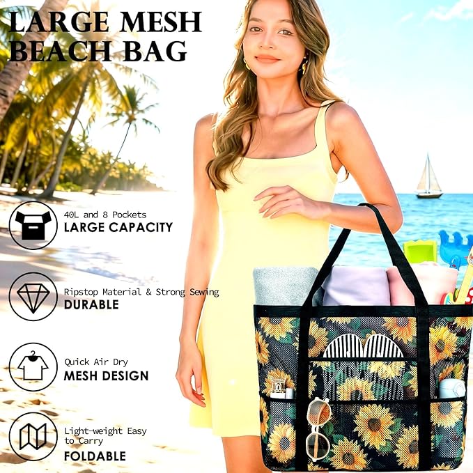 Fammart Mesh Beach Bag, Large Beach Tote with Zipper Pocket for Family Pool Bag for Toys & Vacation Essentials