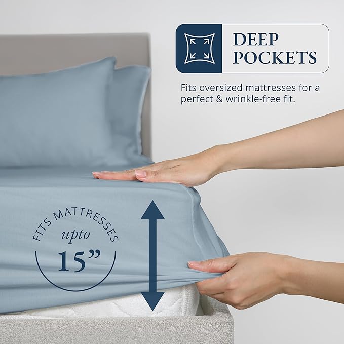 LANE LINEN Fitted Sheet Full Size - 100% Organic Cotton, 3Pc Set (1 Fitted Sheet, 2 Pillowcases) Percale Weave, Bed Fitted Sheets, Breathable, Fits Mattress Upto 15" Deep -French Blue (No Flat Sheet)