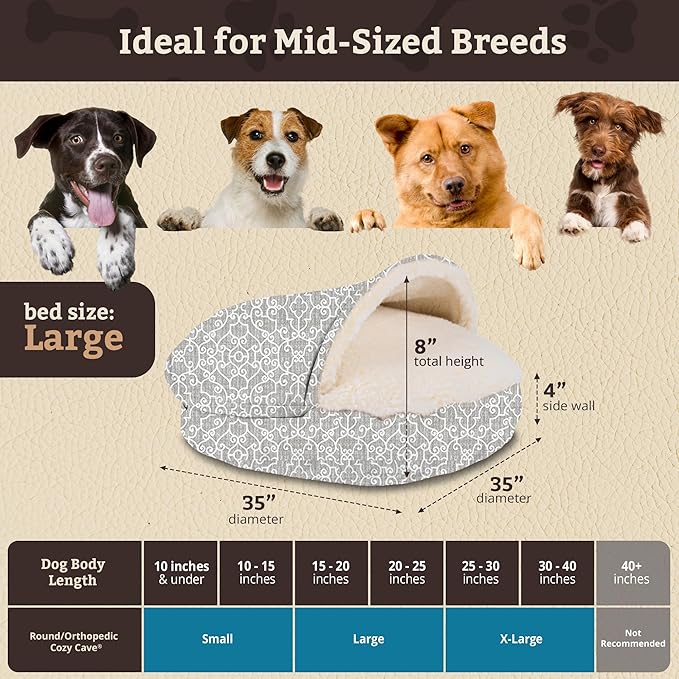 Snoozer Luxury Cozy Cave Pet Bed, Wag Collection, Large - Ramey Gray